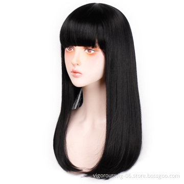 Vigorous 24" Long Straight Wig with Bangs Heat Resistant Synthetic Hair Wigs for White Black Women Cosplay